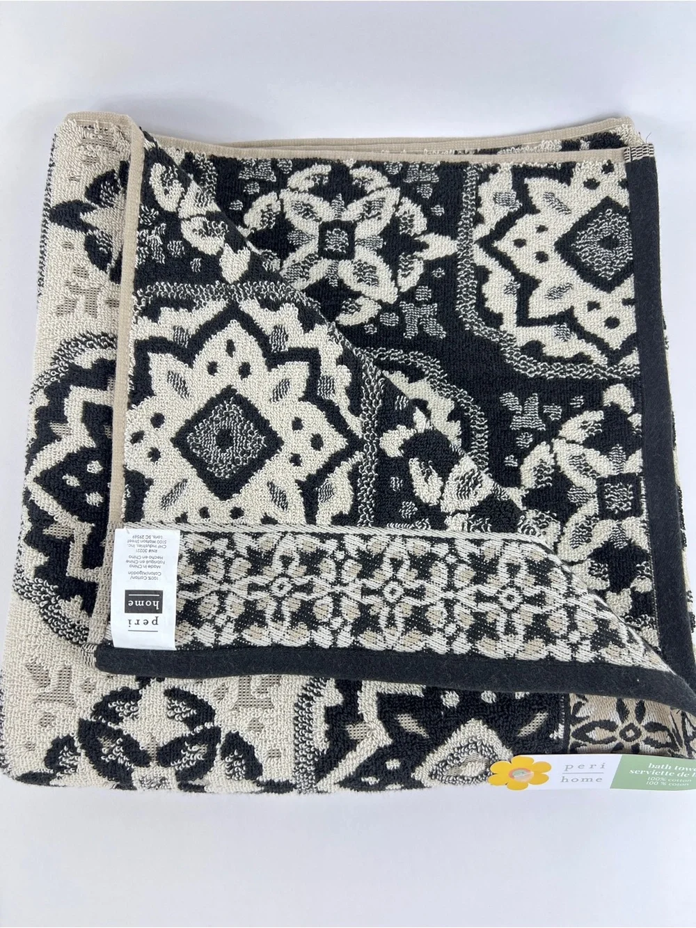 Peri Home Bath Towel Set Black Cream Floral Design 100% Cotton 3 Pc Set NEW